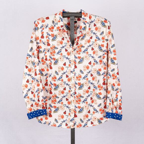 Talbots Women's Top SZ 14 Butterfly Floral Bird Cottage Fairy Dragon Fly Modest - Picture 2 of 6